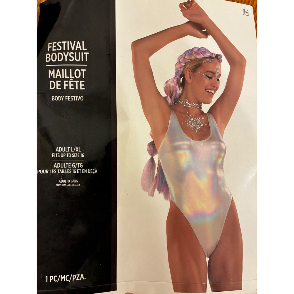 Suit Yourself Festival Bodysuit Holographic Rave Aesthetic L/XL Silver Metallic